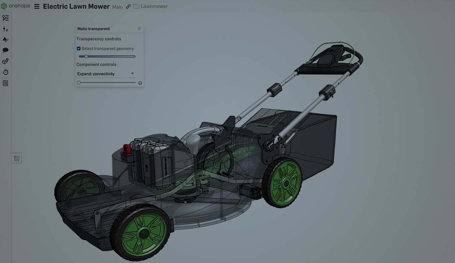 Image with an overlay showing an electric lawn mower CAD model in Onshape.