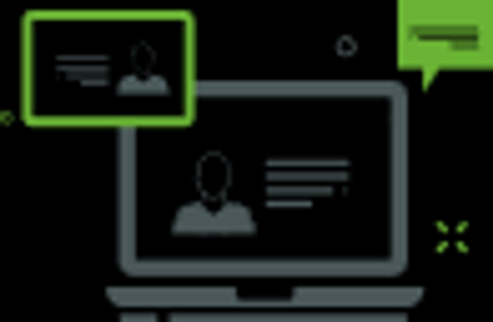 Icon illustrating laptop and collaboration. 