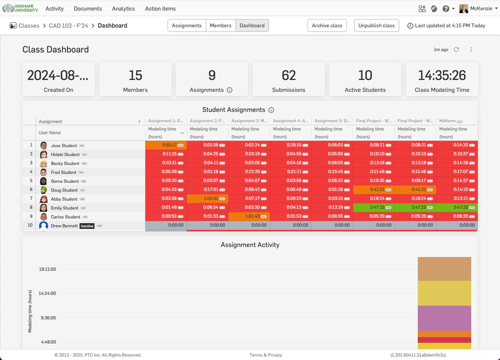 Onshape GUI showing a Class Dashboard and ongoing student assignments.