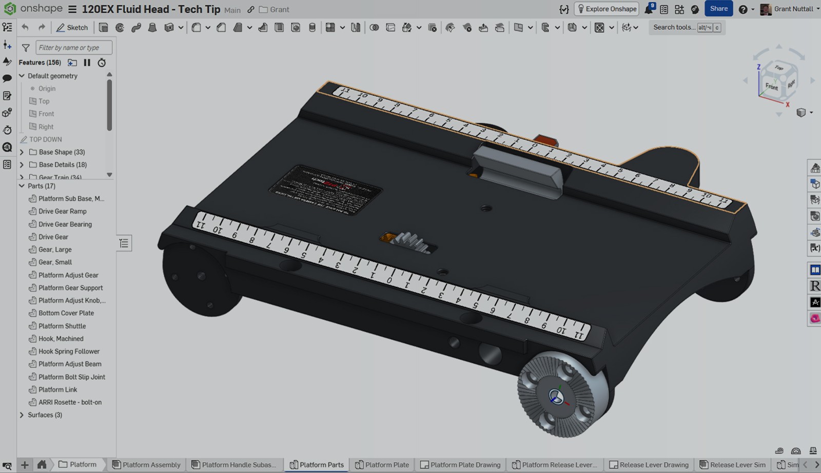 Onshape GUI with an overlay showing a 3D-model of a fluid head.