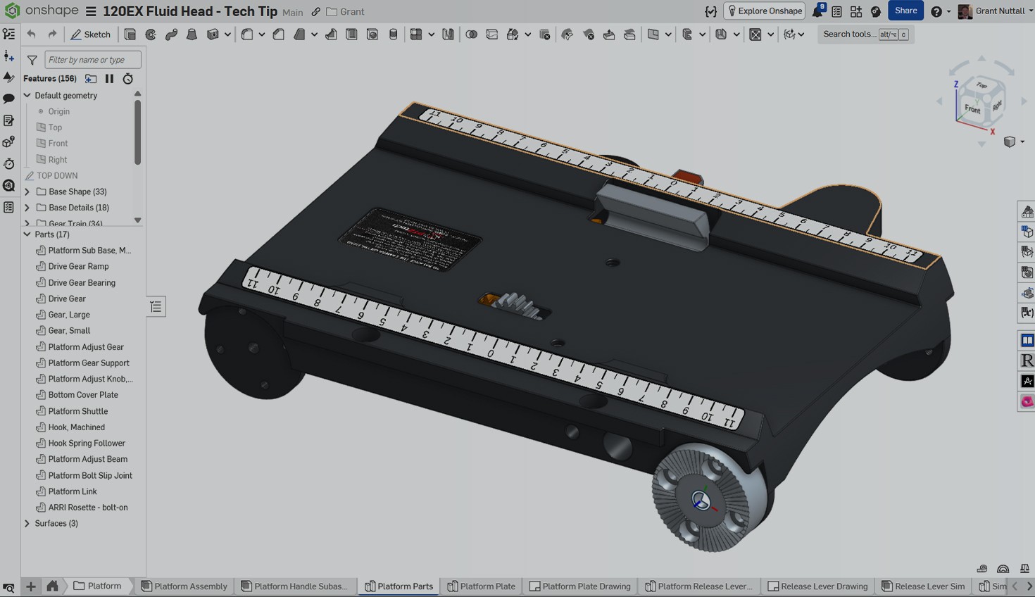 Onshape GUI with an overlay showing a 3D-model of a fluid head.