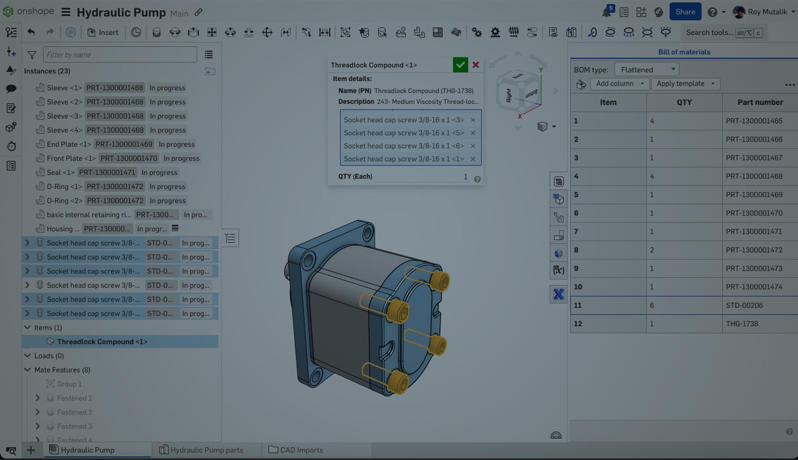 Onshape GUI darkened with an overlay showing a 3D-modeled hydraulic pump with instances and bill of materials panels open.
