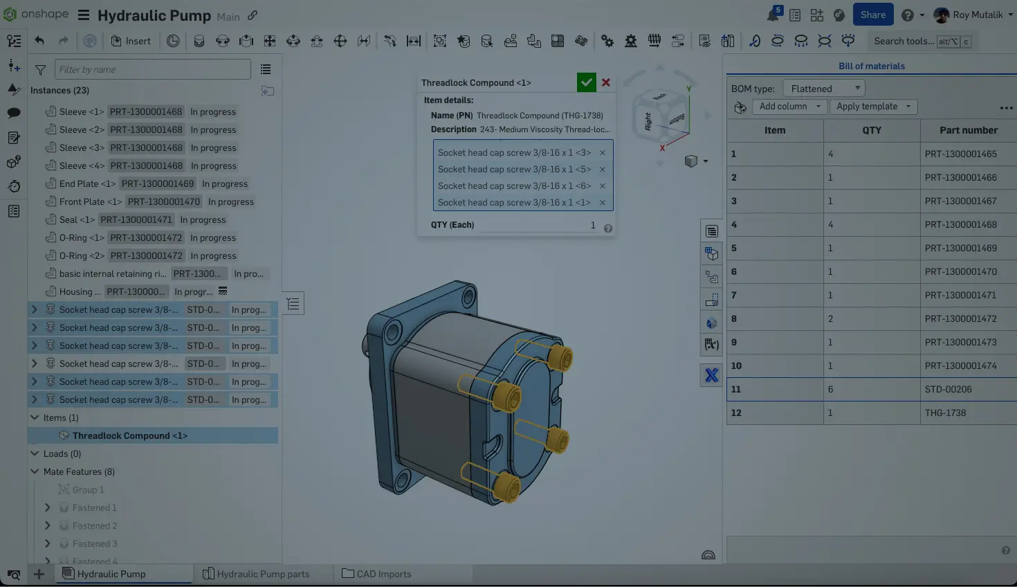 Onshape GUI darkened with an overlay showing a 3D-modeled hydraulic pump with instances and bill of materials panels open.