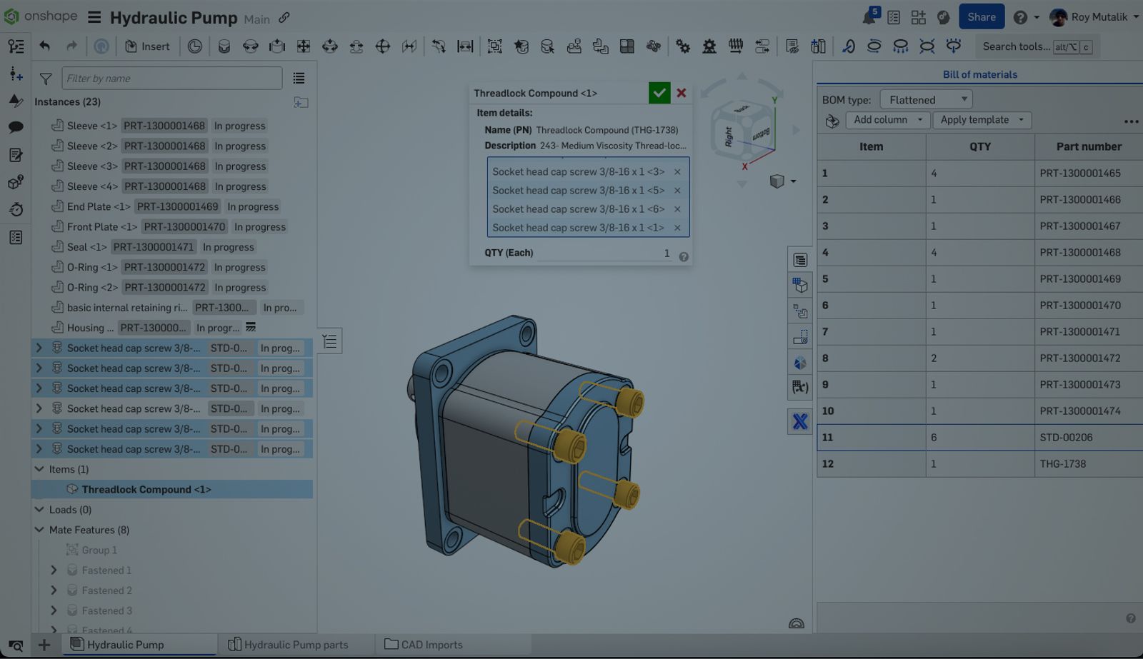 Onshape GUI darkened with an overlay showing a 3D-modeled hydraulic pump with instances and bill of materials panels open.