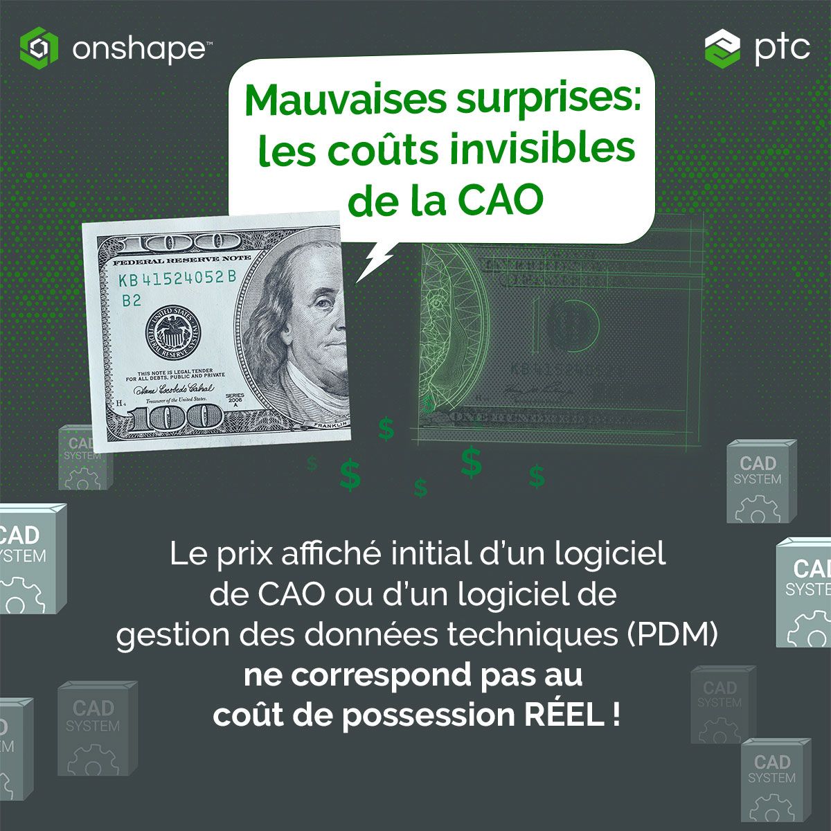 a 100 dollar bill with a speech bubble that says " mauvaises surprises "