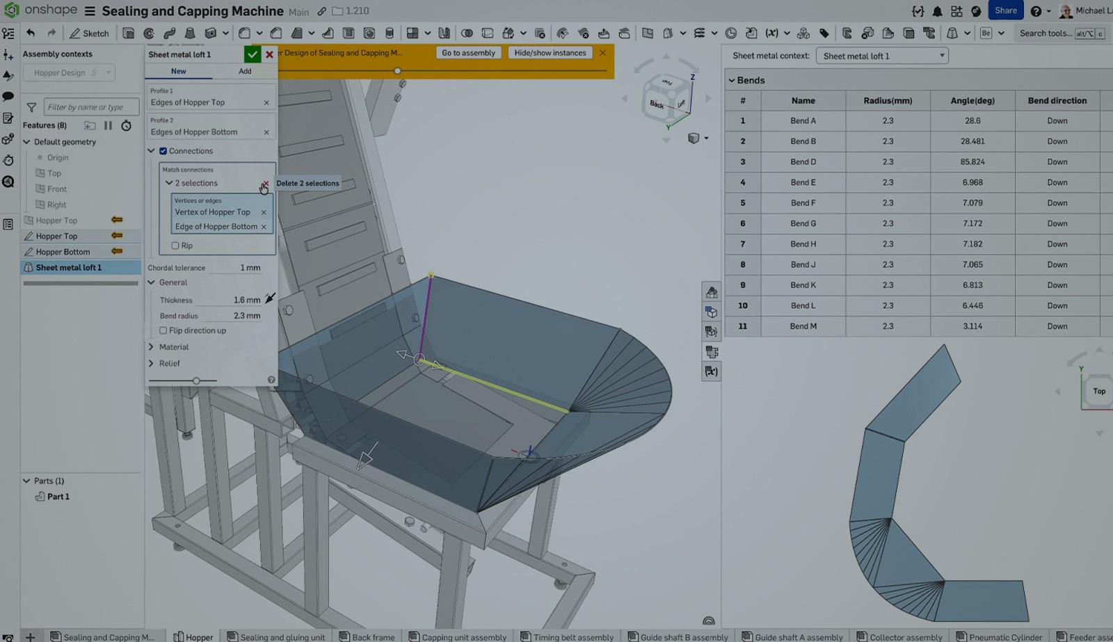Onshape GUI with an overlay showing a 3D-modeled sealing and capping machine made of sheet metal.
