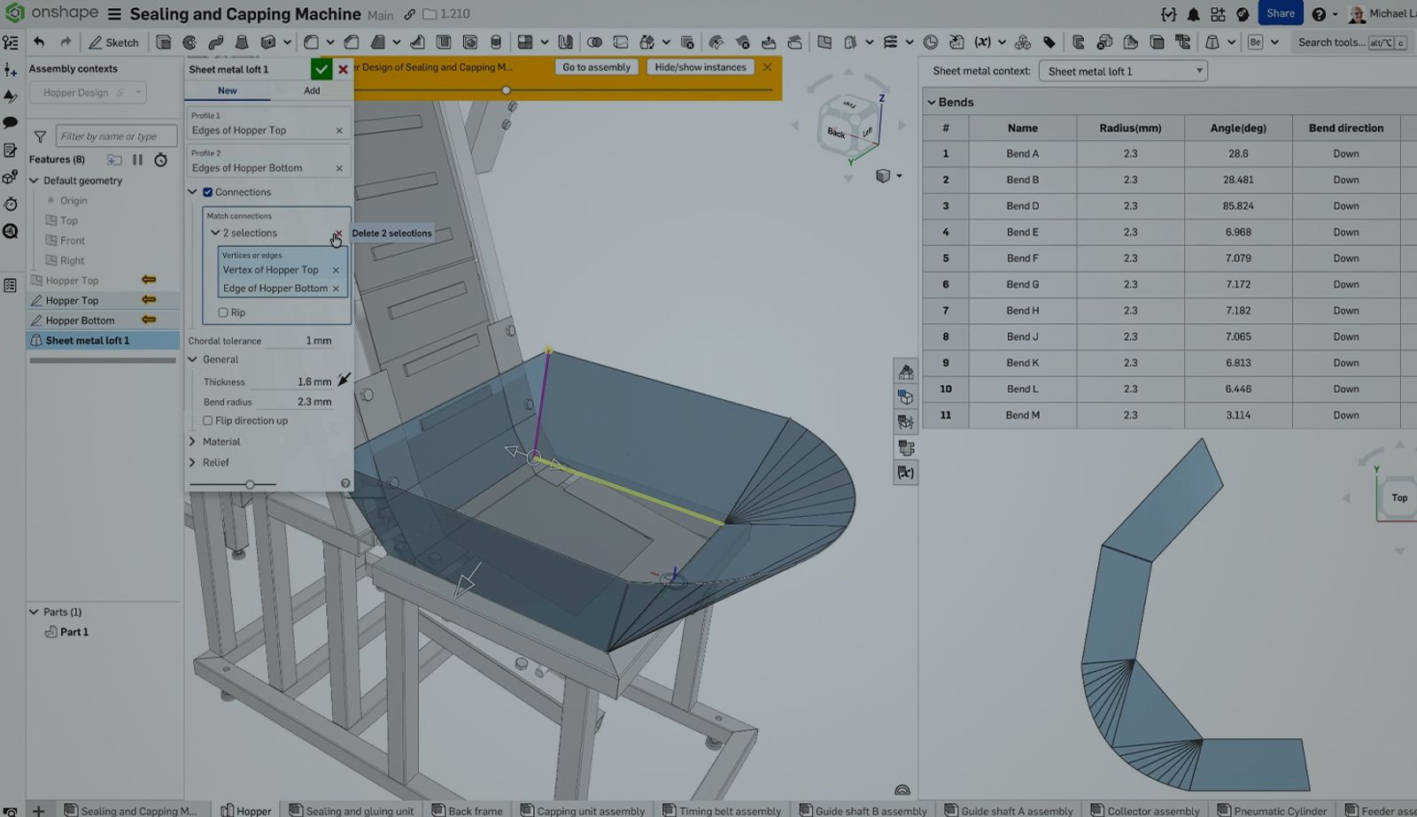 Onshape GUI with an overlay showing a 3D-modeled sealing and capping machine made of sheet metal.