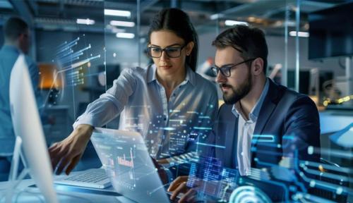 Stock image showing two coworkers in a tech environment.