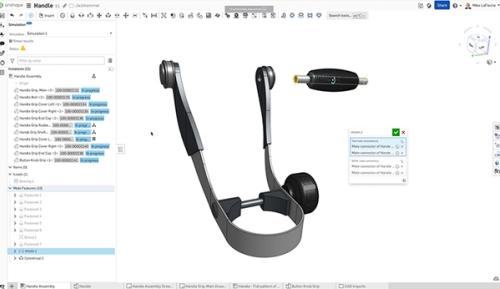 Onshape GUI showing a CAD model of a handle. No overlay.