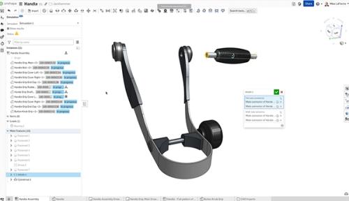 Onshape GUI showing a CAD model of a handle. No overlay.