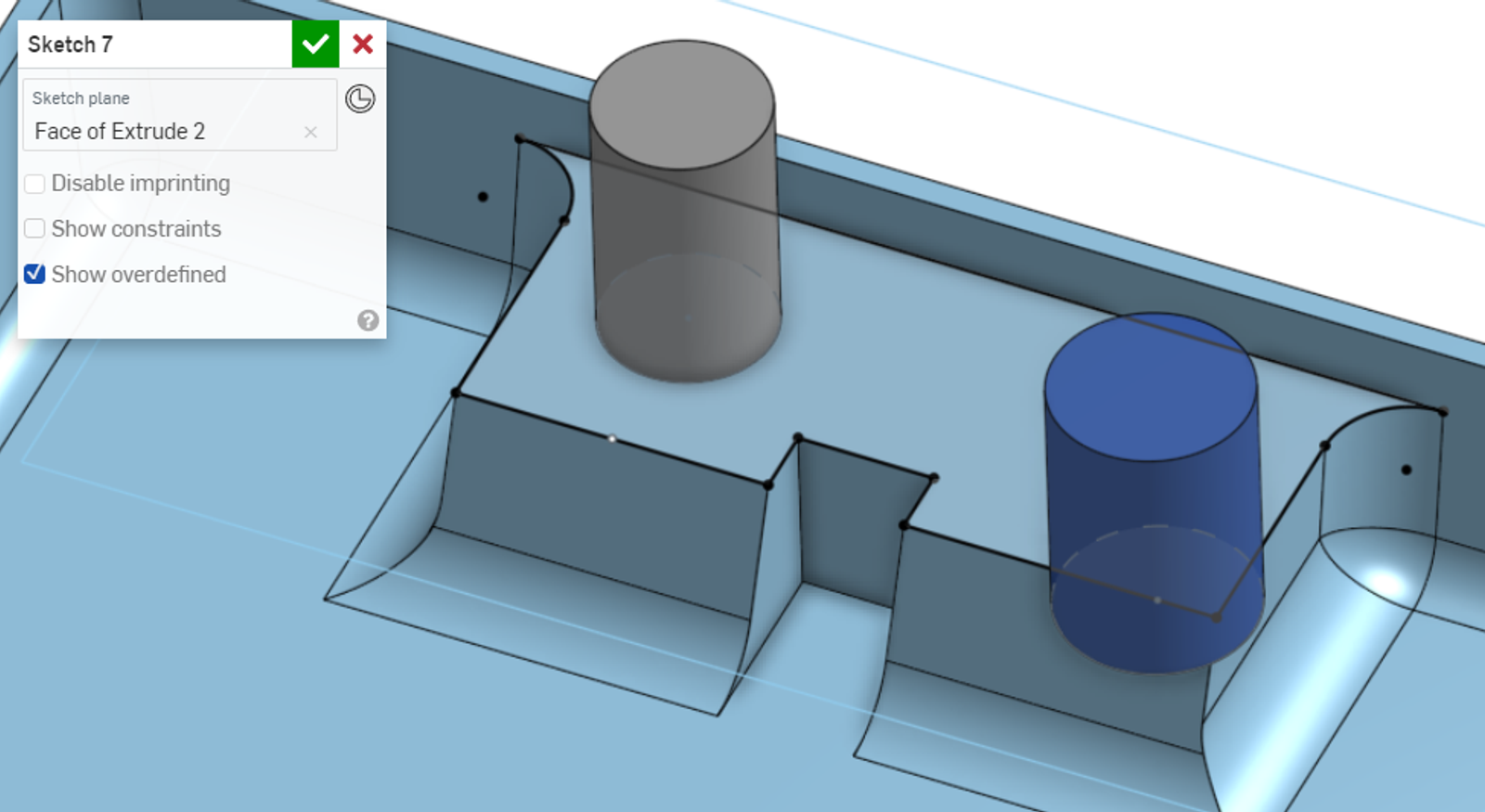 face of extrude 2 showing overdefined dialog