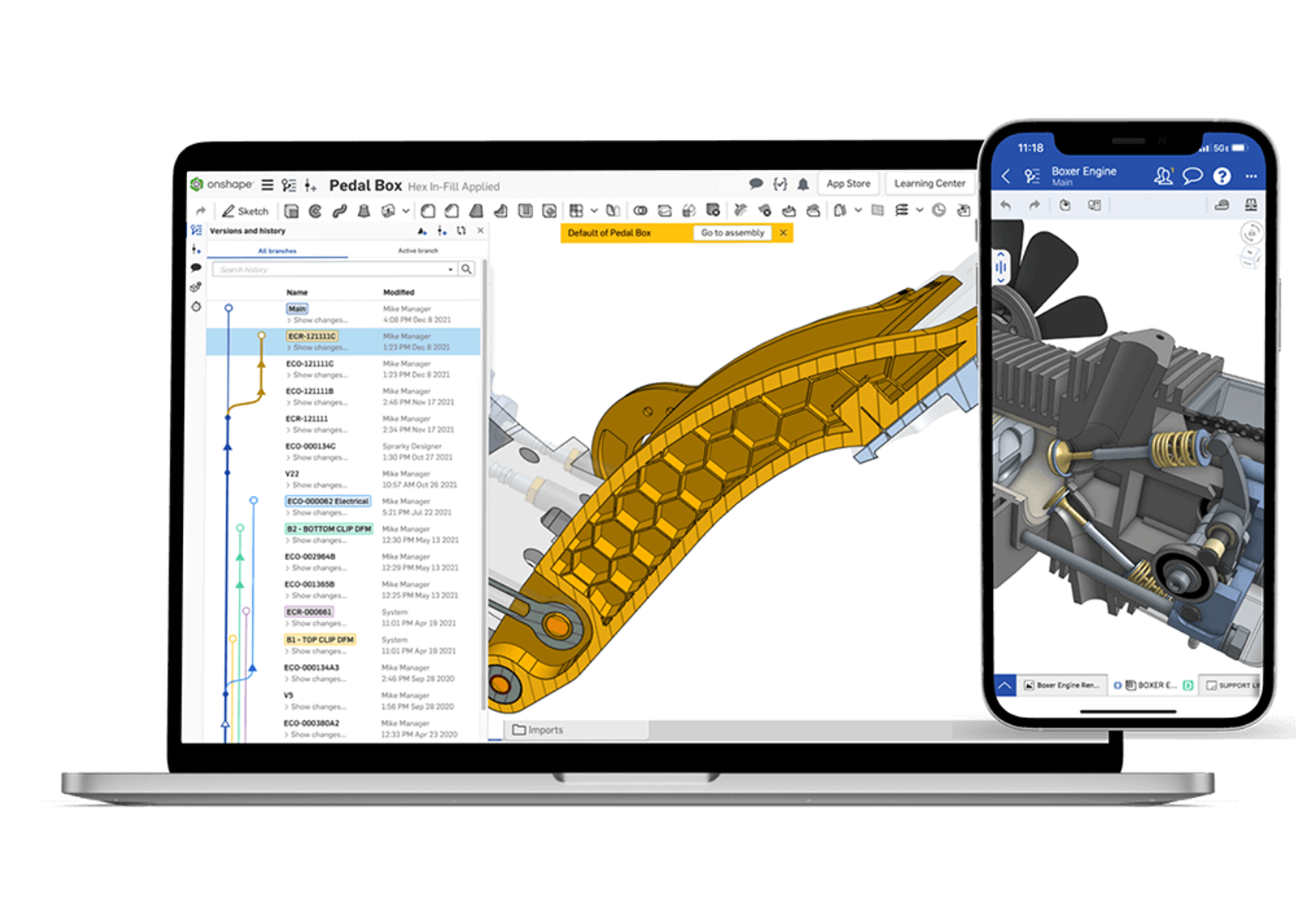 Showing Onshape, a 3D CAD tool used on a Macbook and an Iphone