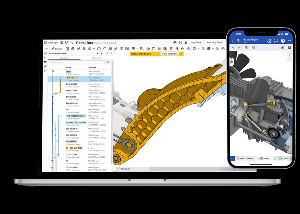 Showing Onshape, a 3D CAD tool used on a Macbook and an Iphone