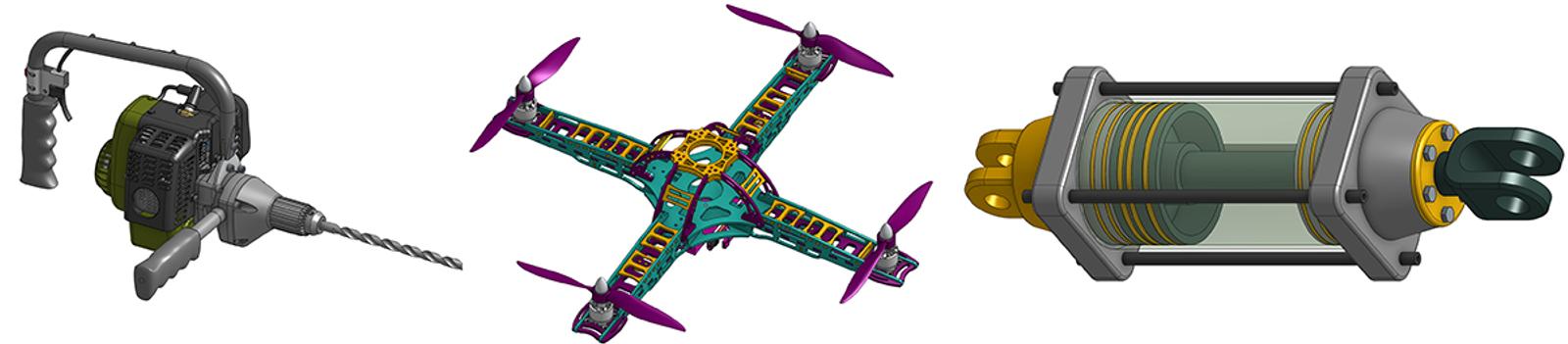 Image showing three CAD models featured in a Learning Center Course on assemblies.