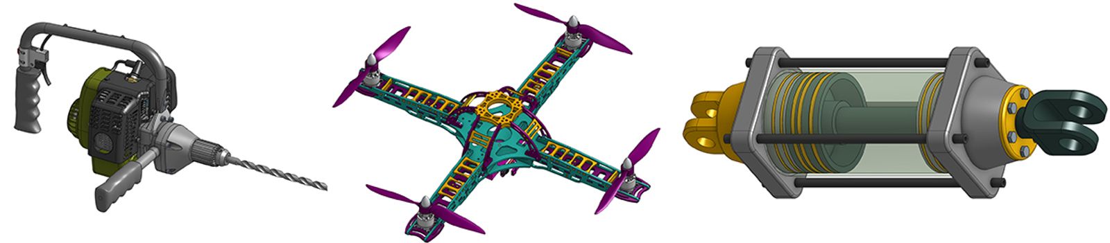 Image showing three CAD models featured in a Learning Center Course on assemblies.