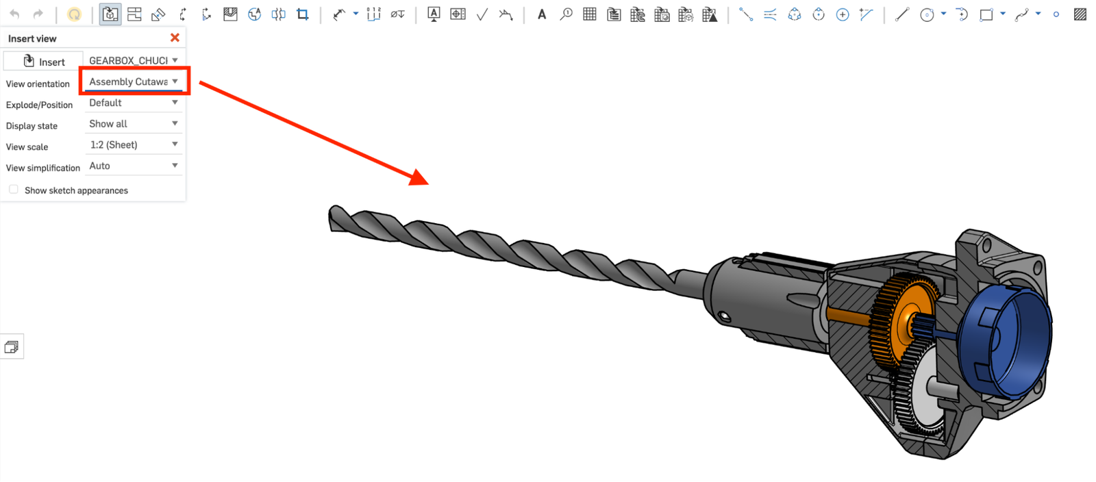 Onshape CAD model of a drill showing the Insert view dialog.