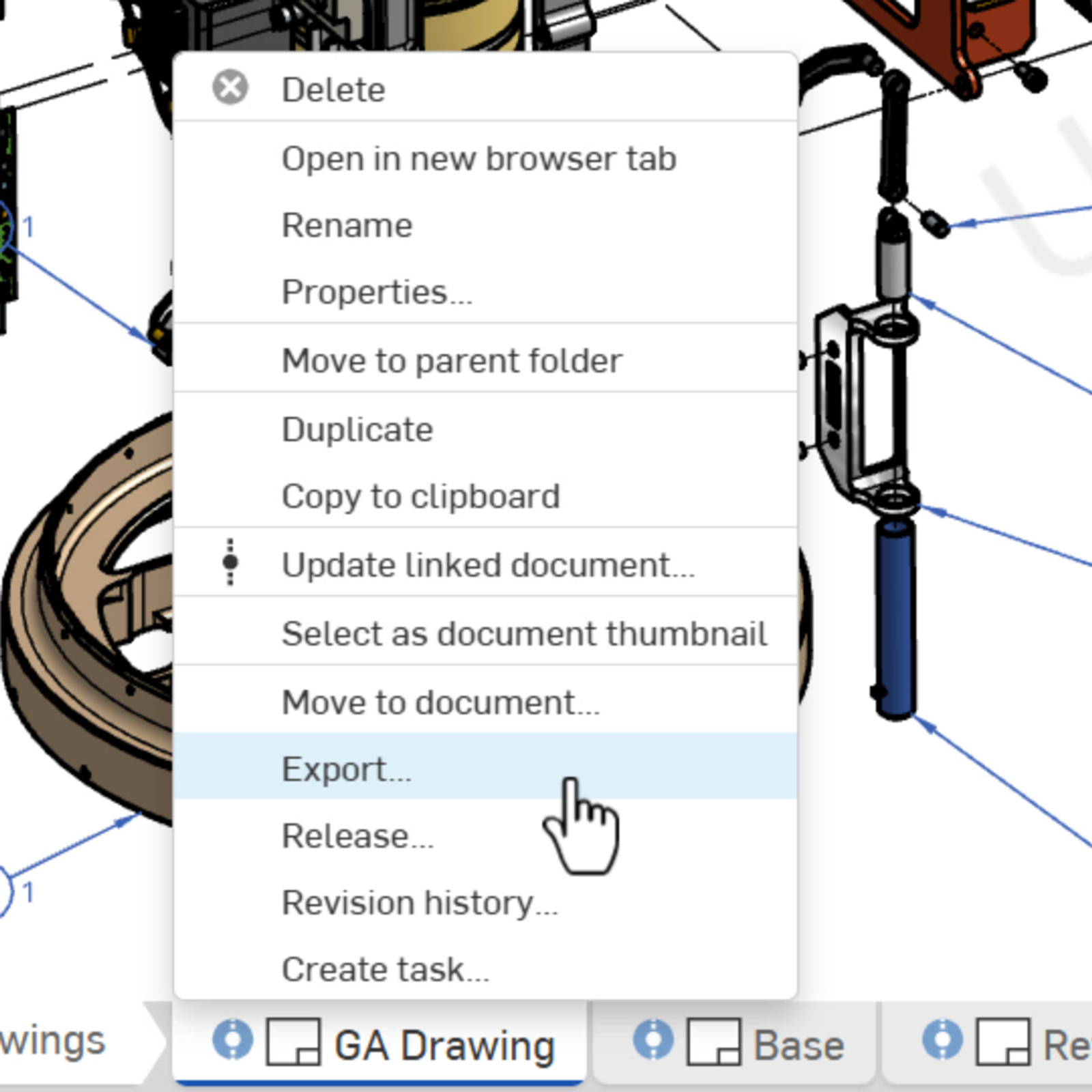 Onshape GUI showing Export highlighted in a Tab right-click option.