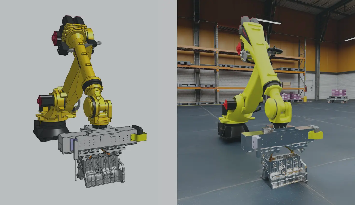 Image with an overlay showing a robot designed by FANUC in CAD and in a simulation environment.