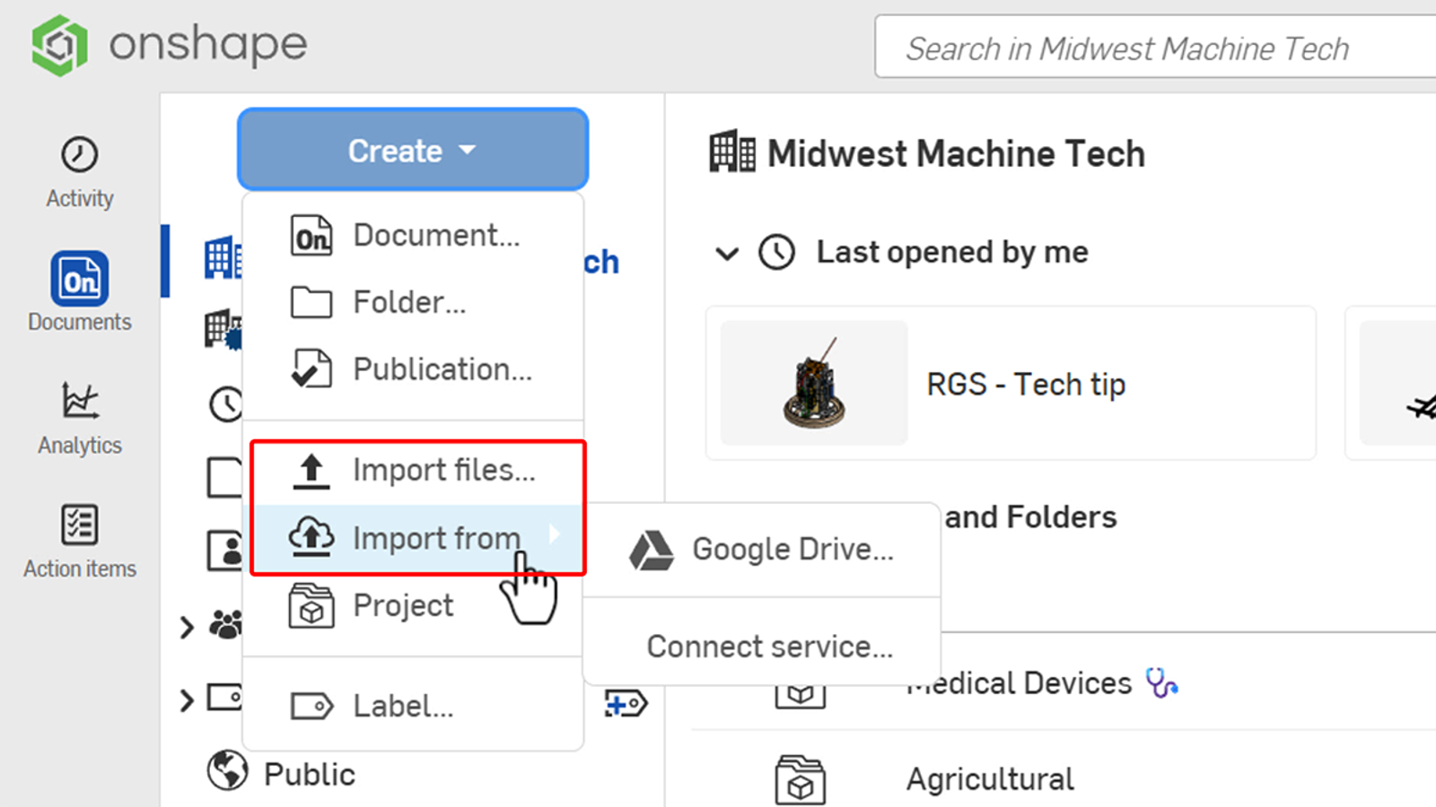 Closeup of Onshape GUI showing the Import files and Import from options.