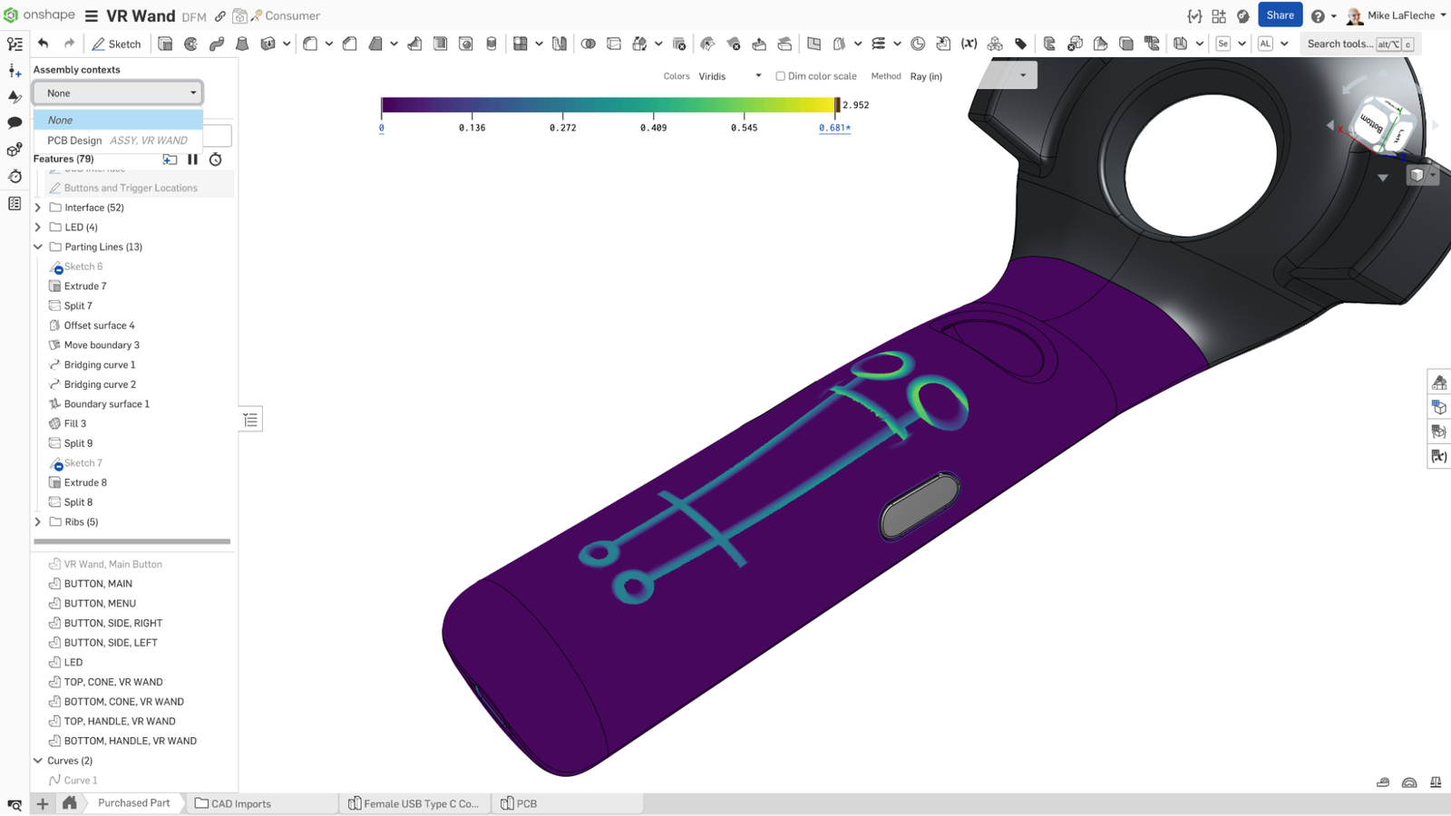 Onshape GUI showing thickness analysis of a 3D-modeled VR wand.