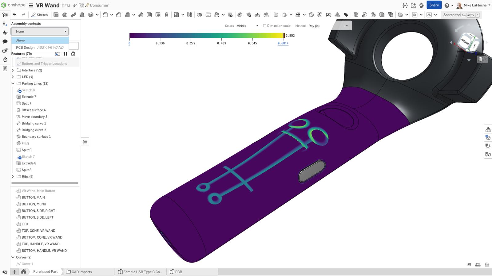 Onshape GUI showing thickness analysis of a 3D-modeled VR wand.