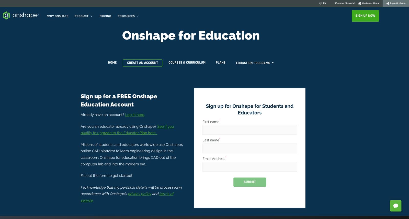 Screenshot of the Onshape for Education sign-up form.