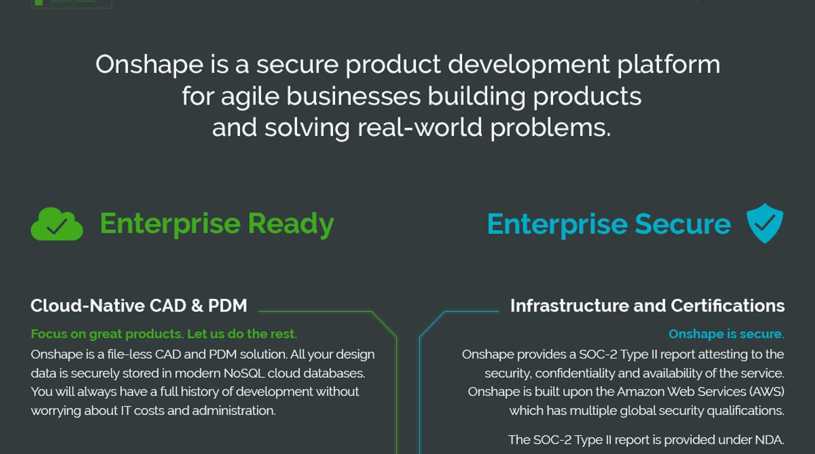 Onshape is a secure product development platform for agile businesses building products and solving real world problems