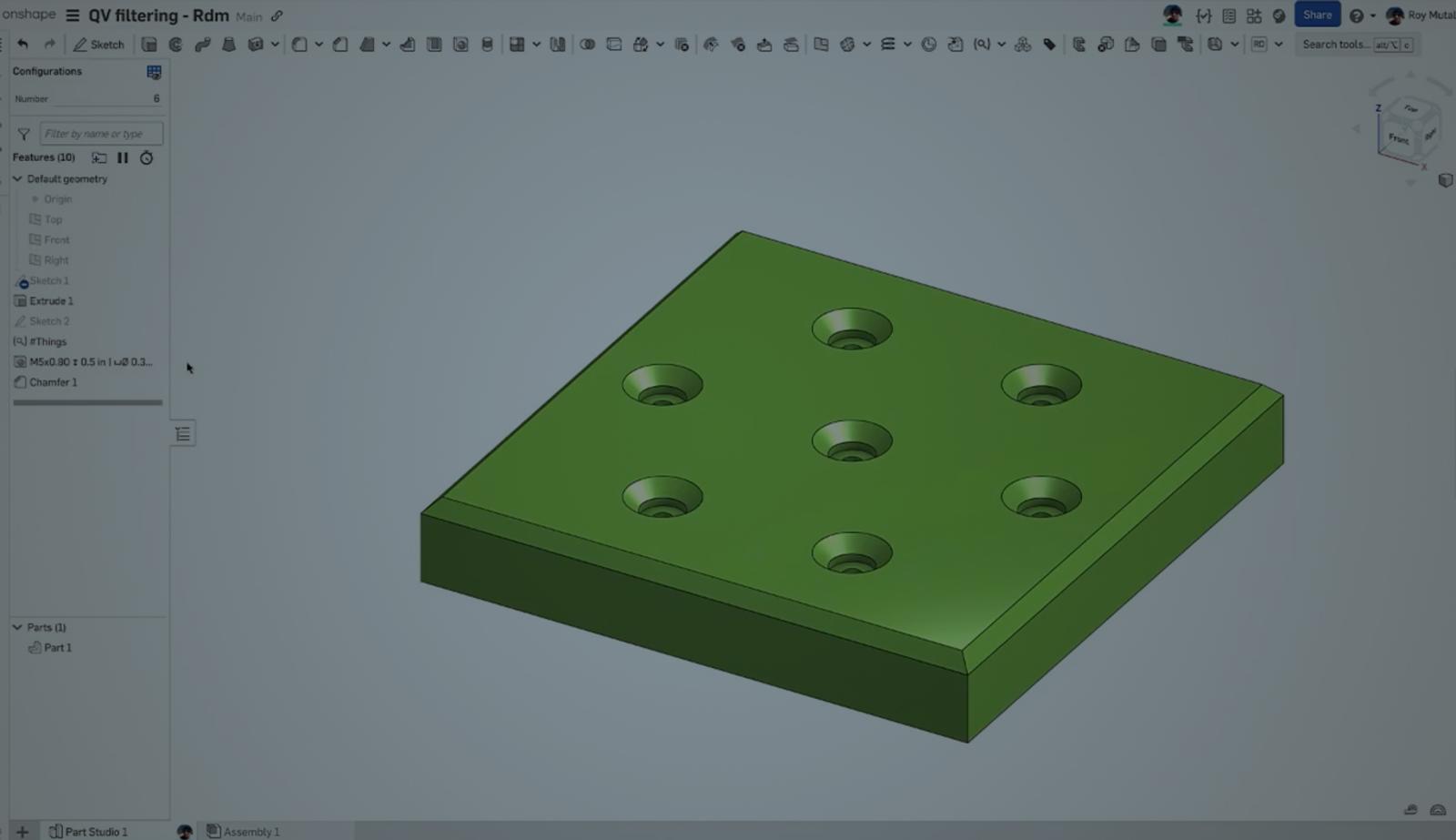 Onshape GUI darkened with an overlay showing a 3D model of a QV filtering part.
