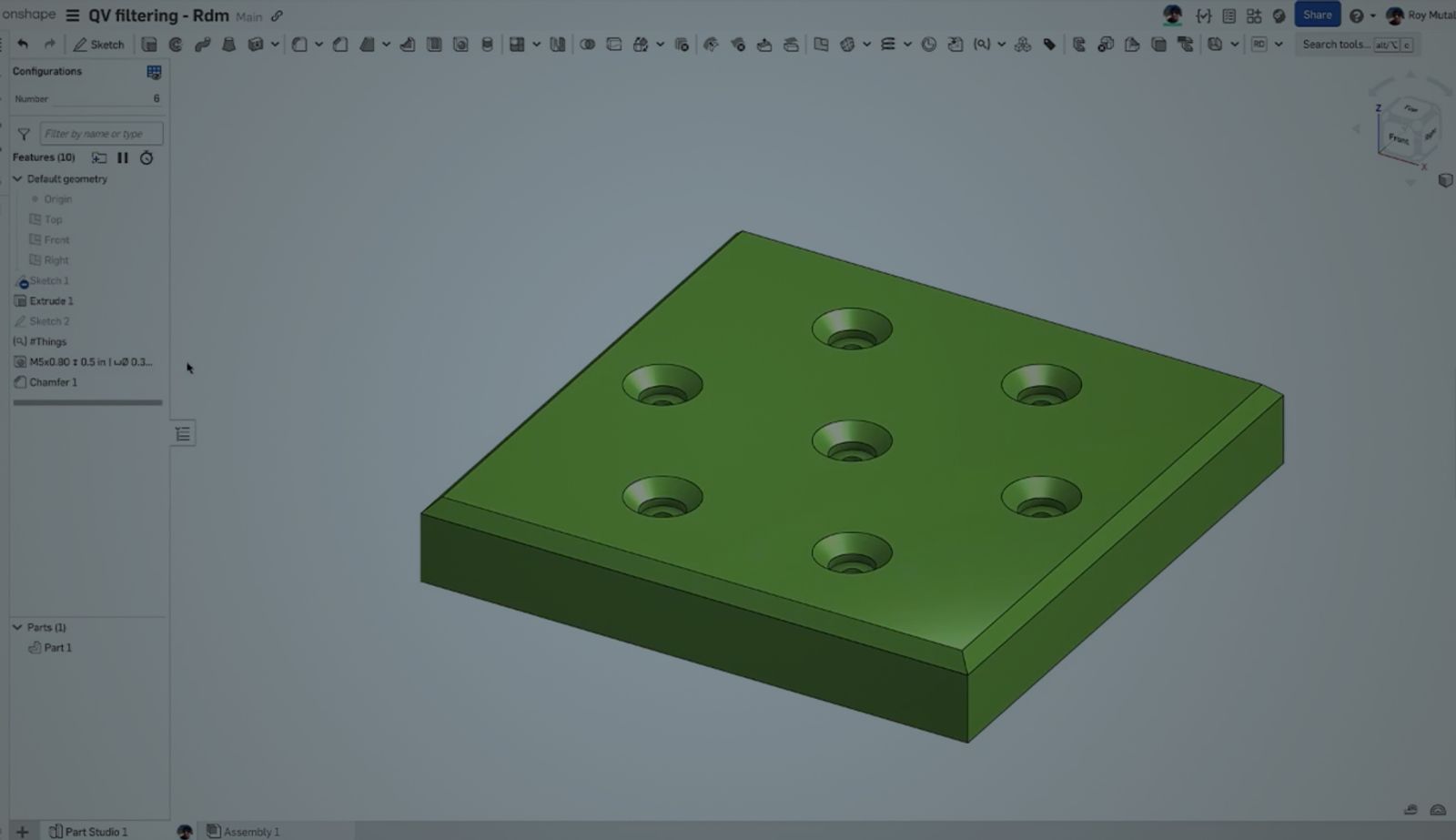 Onshape GUI darkened with an overlay showing a 3D model of a QV filtering part.