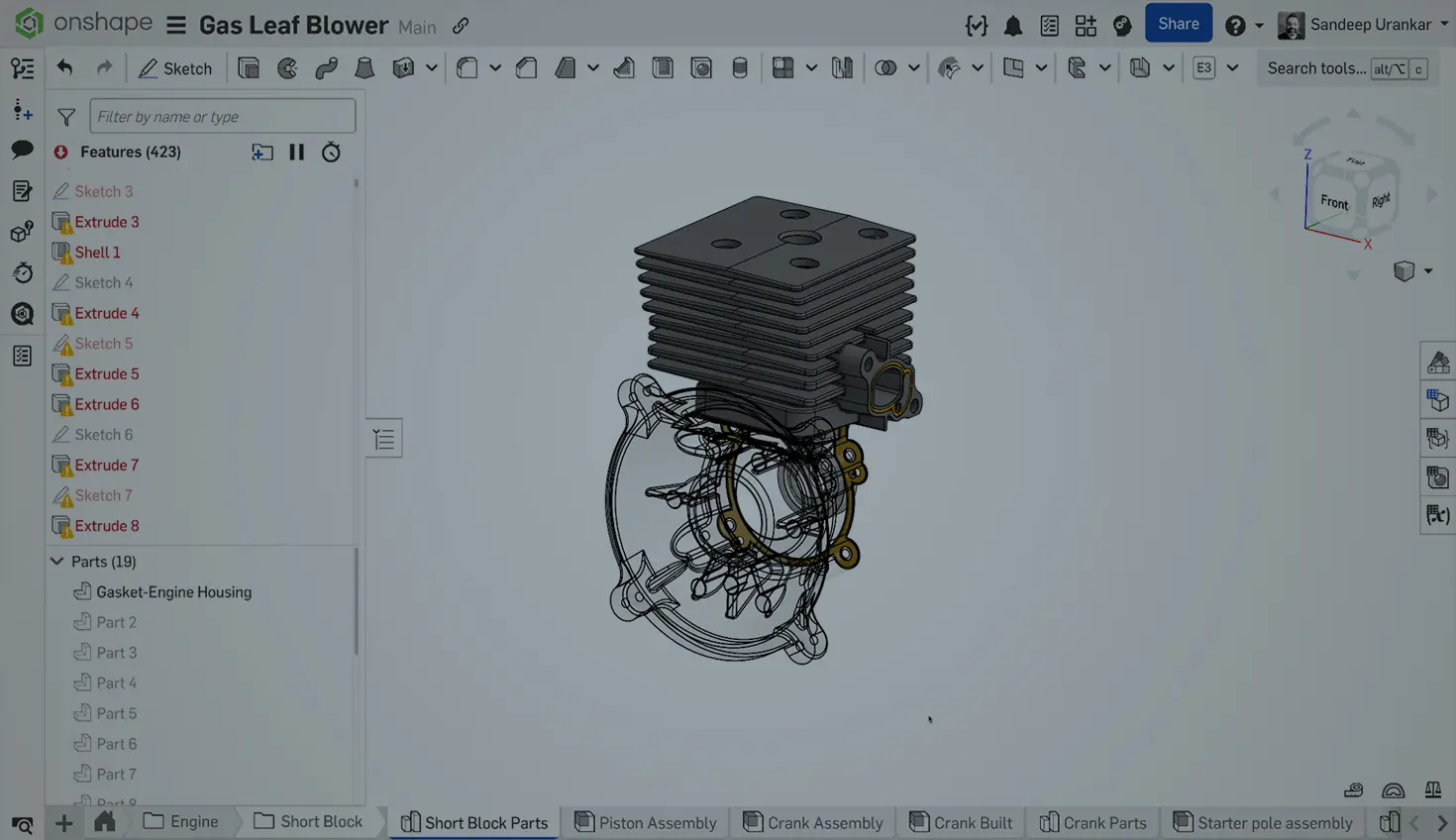 Onshape GUI with an overlay showing a 3D model of a gas leaf blower with broken references
