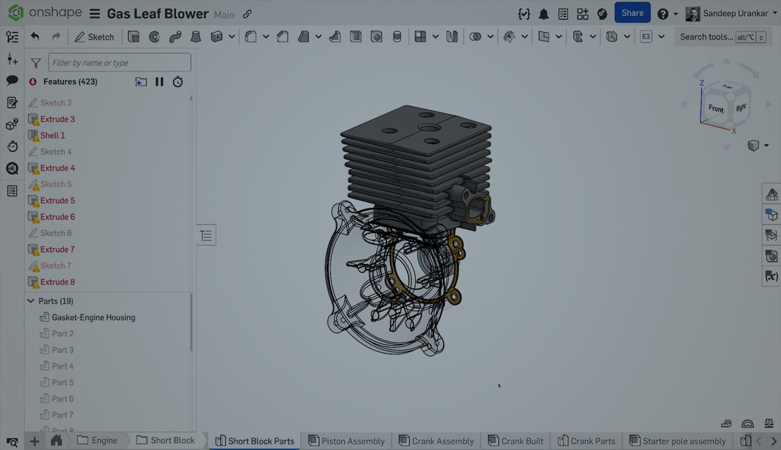 Onshape GUI with an overlay showing a 3D model of a gas leaf blower with broken references
