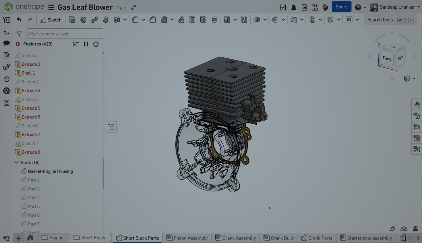 Onshape GUI with an overlay showing a 3D model of a gas leaf blower with broken references