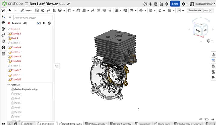 Onshape GUI showing a 3D model of a gas leaf blower with broken references