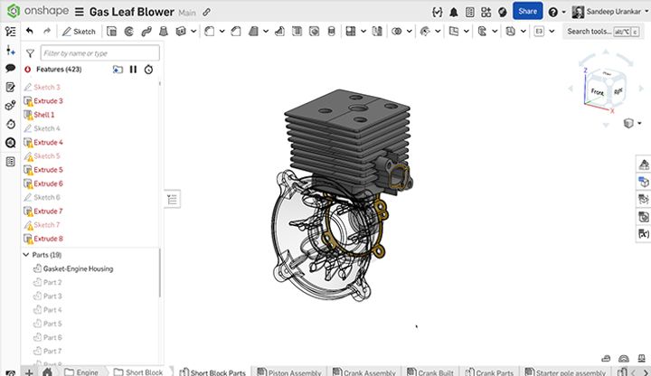 Onshape GUI showing a 3D model of a gas leaf blower with broken references