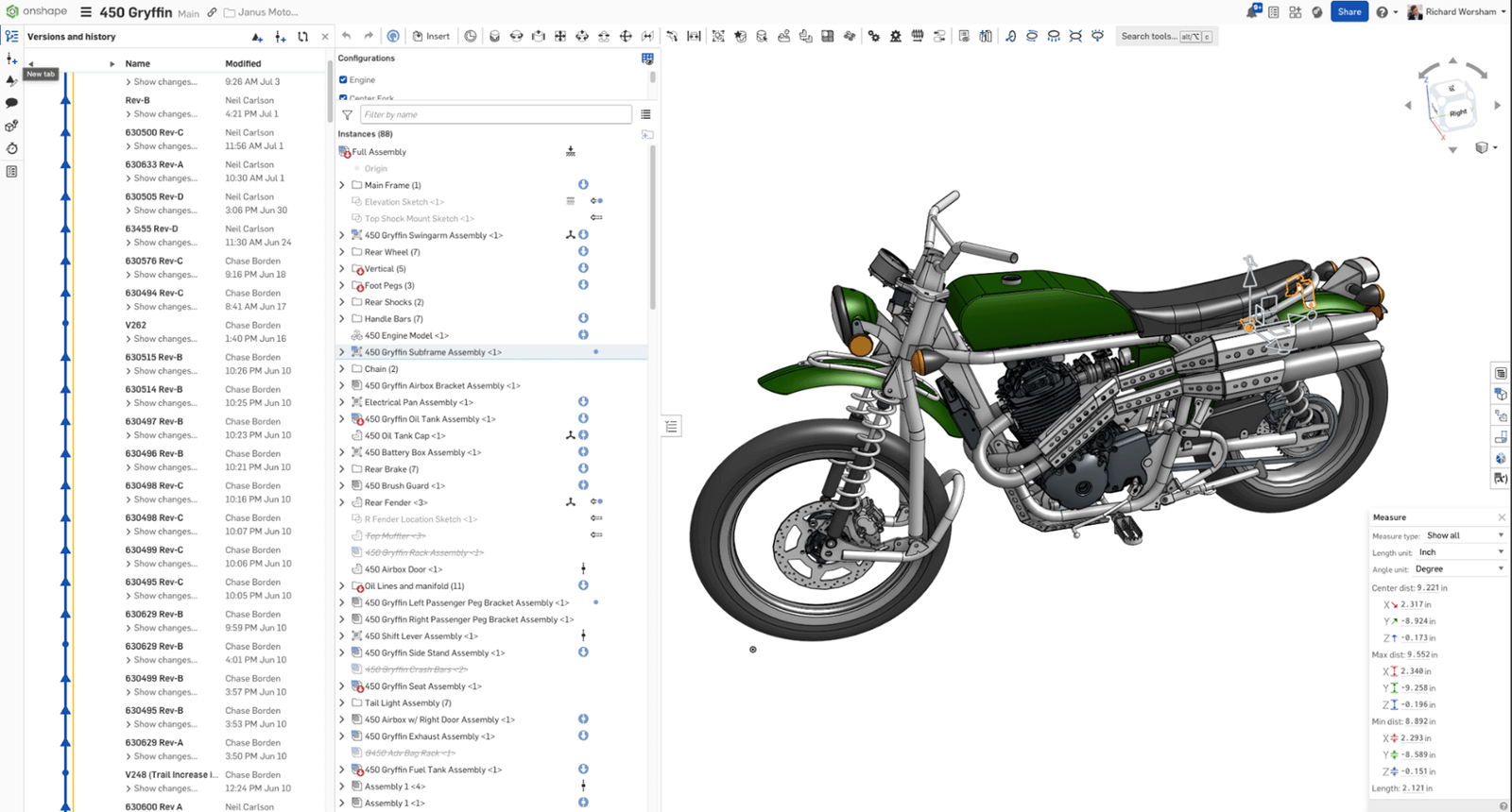 Image showing the Gryffin 450cc motorcycle design by Janus Motorcycle in Onshape.