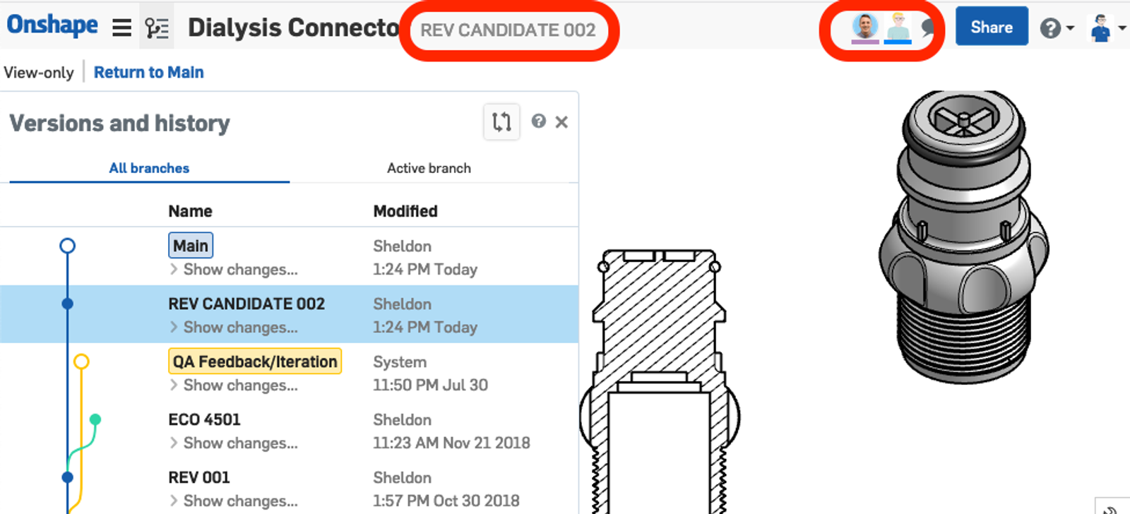 Screenshot of an Onshape product model of a dialysis machine part that shows how to reference a version or revision.