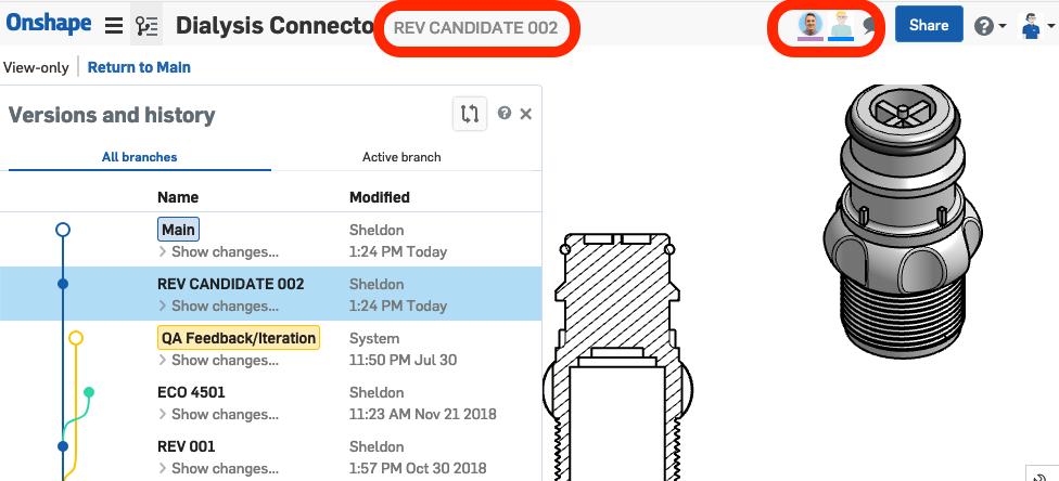 Screenshot of an Onshape product model of a dialysis machine part that shows how to reference a version or revision.