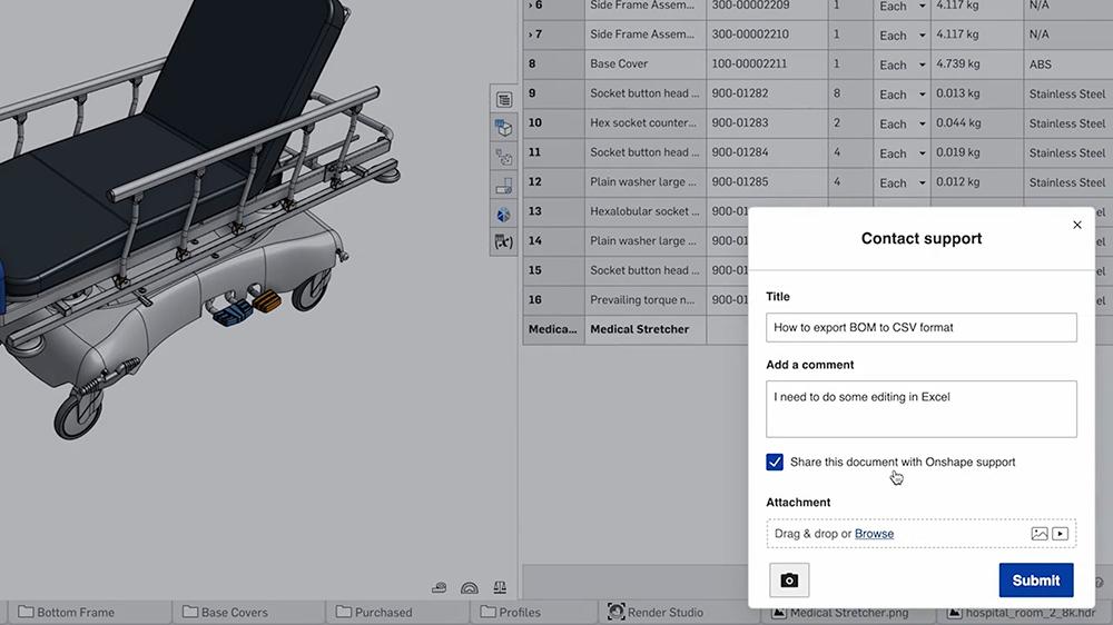 finestra di contatto supporto in Onshape