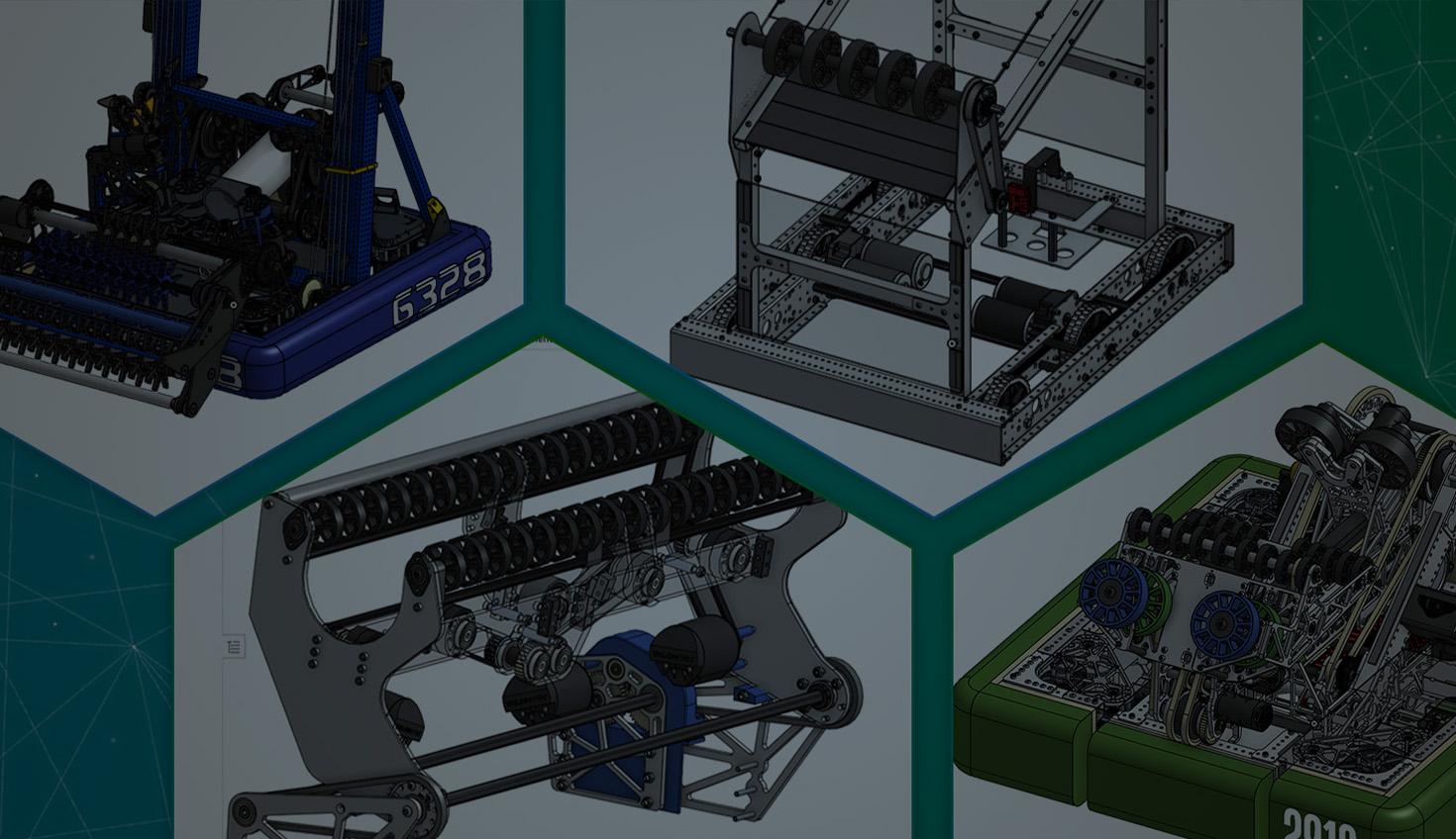 Collage with an overlay of FIRST robots in Onshape.
