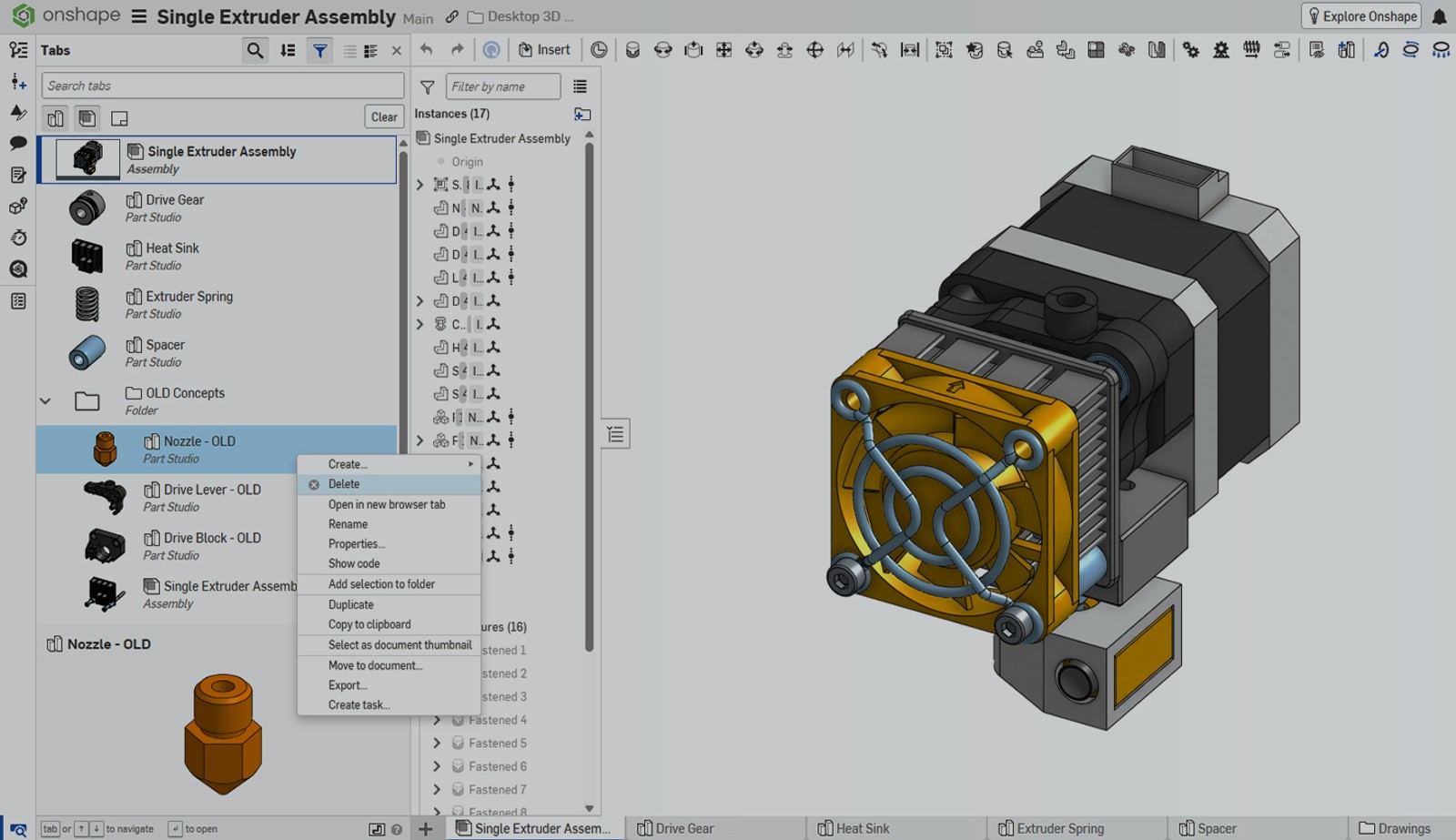 Onshape GUI with an overlay showing a single extruder assembly.