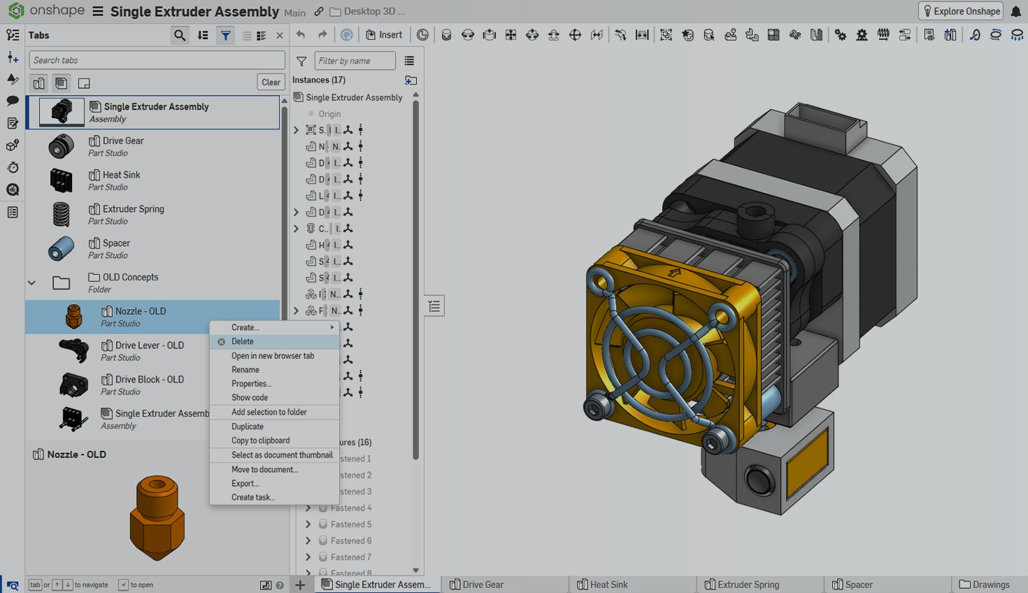 Onshape GUI with an overlay showing a single extruder assembly.