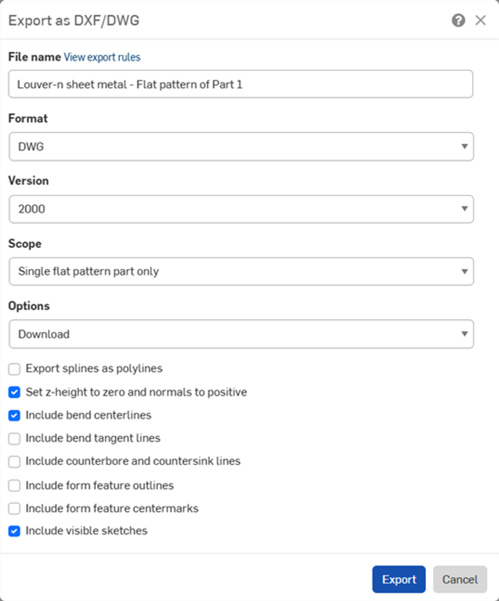 Onshape GUI showing the Export as DXF/DWG dialog box.
