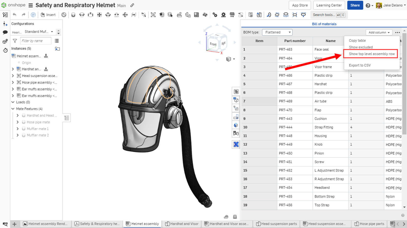 Image showing how to add aggregated assembly properties through the three dot menu Onshape
