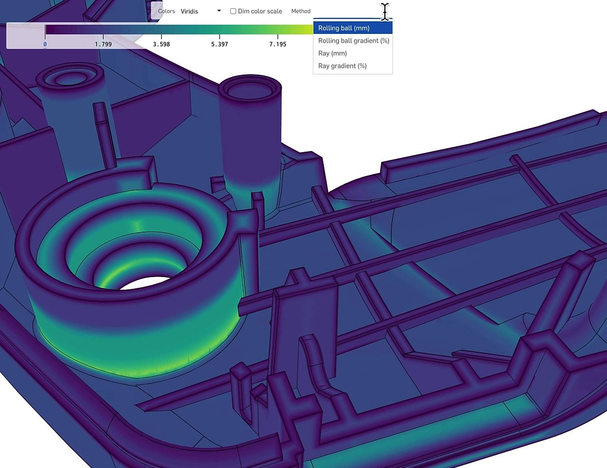 Onshape GUI showing thickness analysis visualization on a section of a leaf blower handle in design software.
