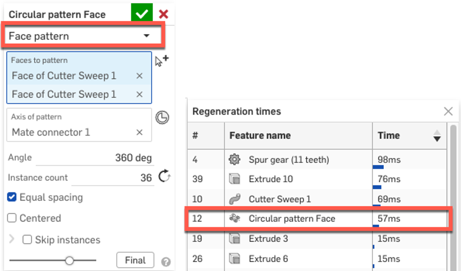 Cutter Sweep 1 feature appear in the light blue Faces to pattern box