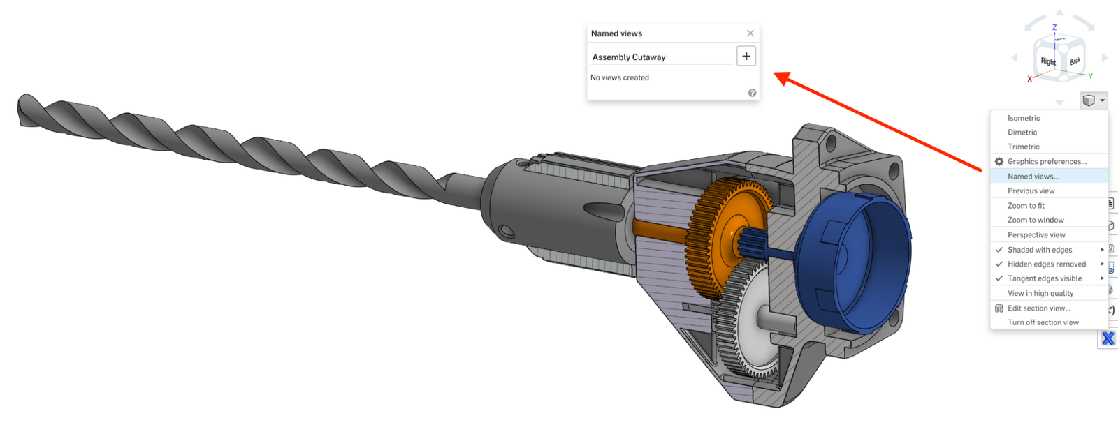 Onshape CAD model showing the options for Named views.