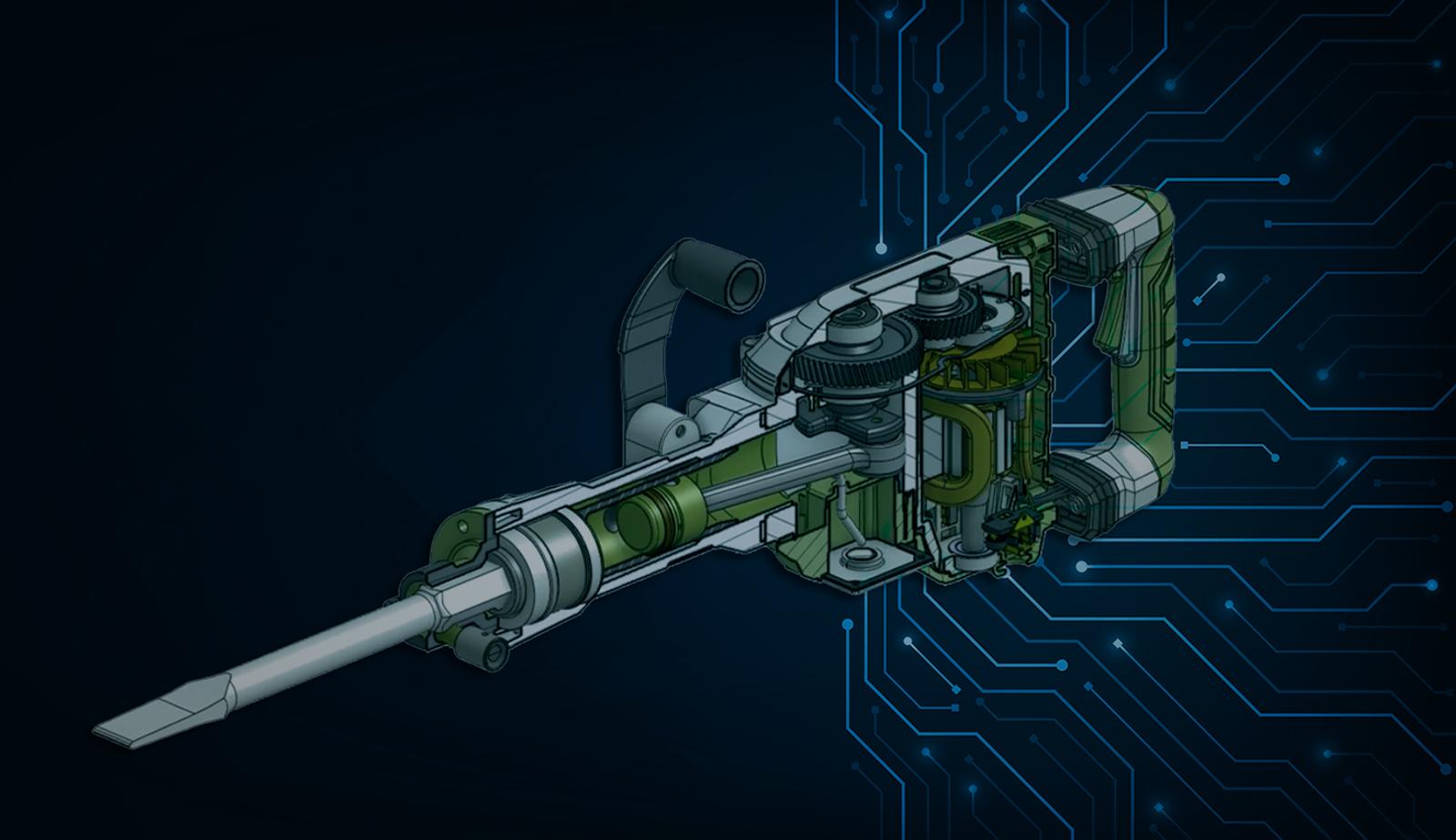 Image with an overlay showing a CAD model designing in Onshape on top of an abstract tech-y background.