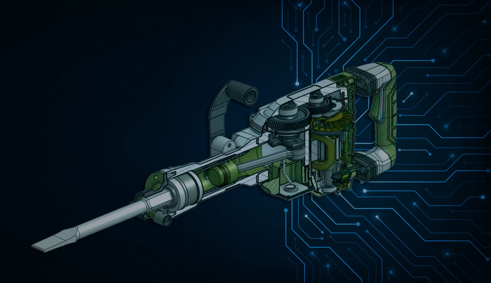 Image with an overlay showing a CAD model designing in Onshape on top of an abstract tech-y background.