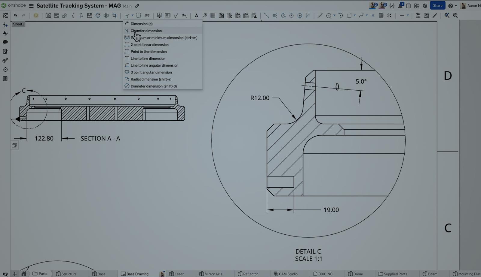Onshape GUI darkened with an overlay showing a drawing of a satellite tracking system CAD model.