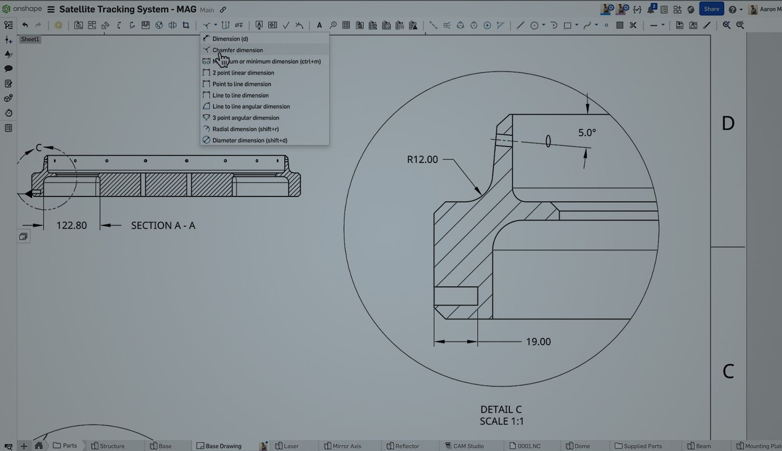 Onshape GUI darkened with an overlay showing a drawing of a satellite tracking system CAD model.